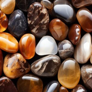 Polished stones in earthy tones glisten with reflected light
